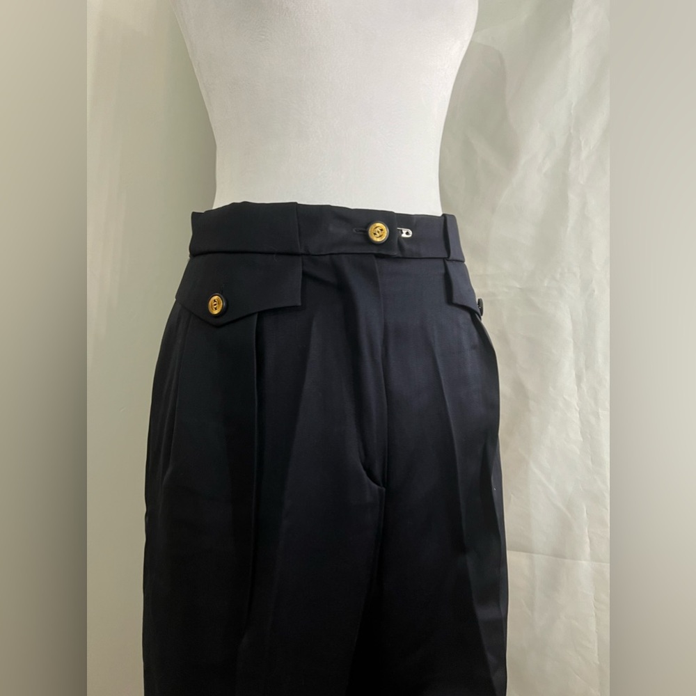 Vintage CHANEL Boutique Navy Wool Trousers, Gold CC Logo Buttons, Size FR: 44
